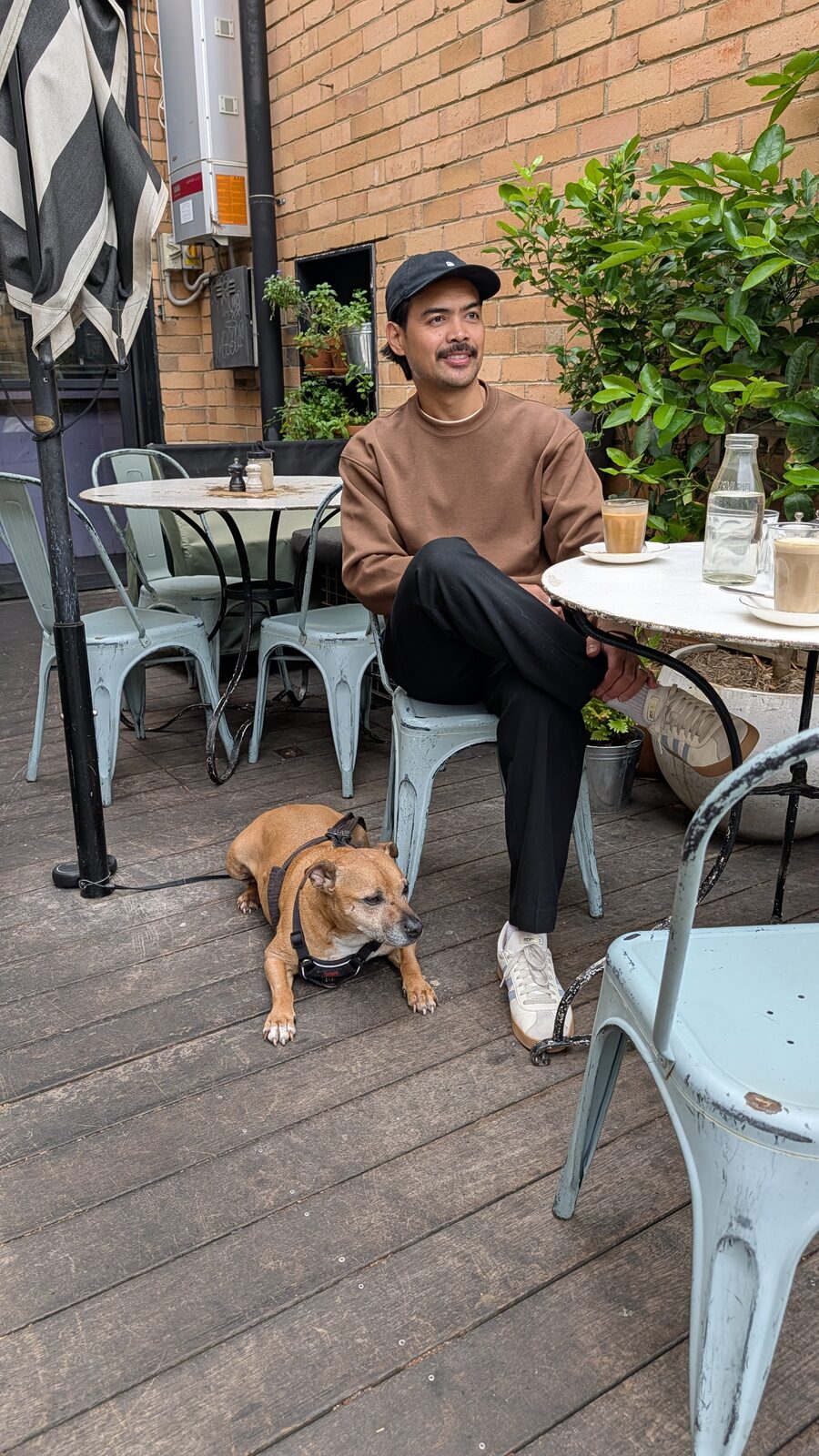 Ron at a café courtyard table with two lattes, Axel the staffy lying at his feet